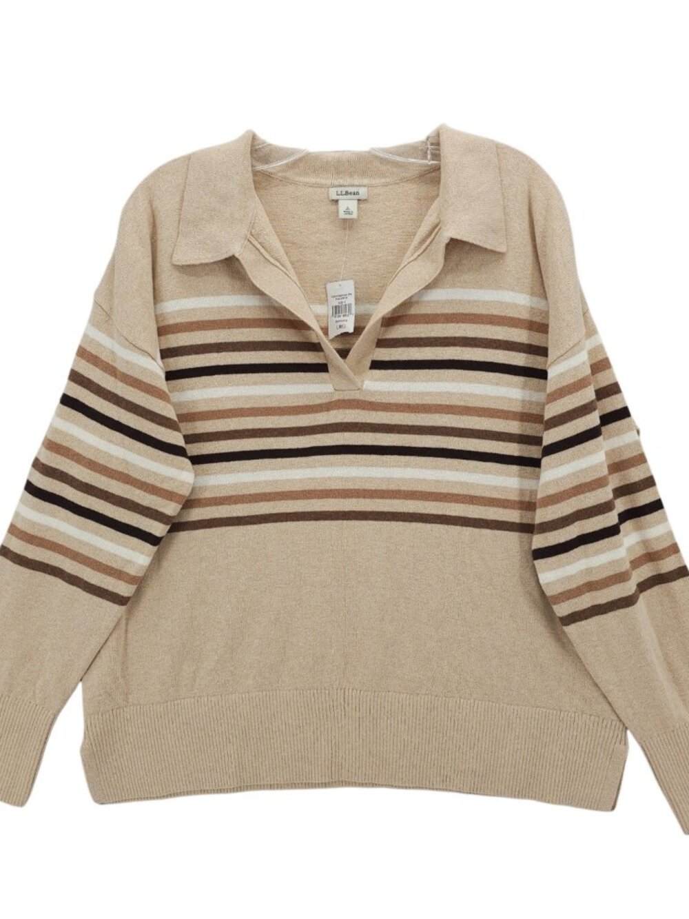 NWT LL BEAN Women's Cotton Cashmere Sweater Polo Stripe Size LARGE